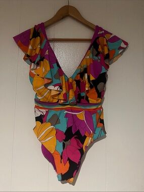 Trina Turk Colorful Floral One-Piece Swimsuit - Turquoise, Magenta, Orange- sz 8
